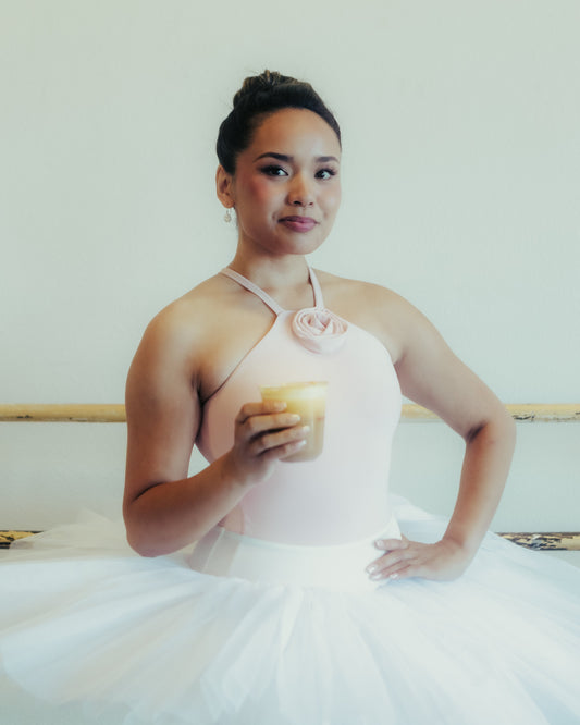 Gafflerina Alexandra at the barre with a Gaffle latte